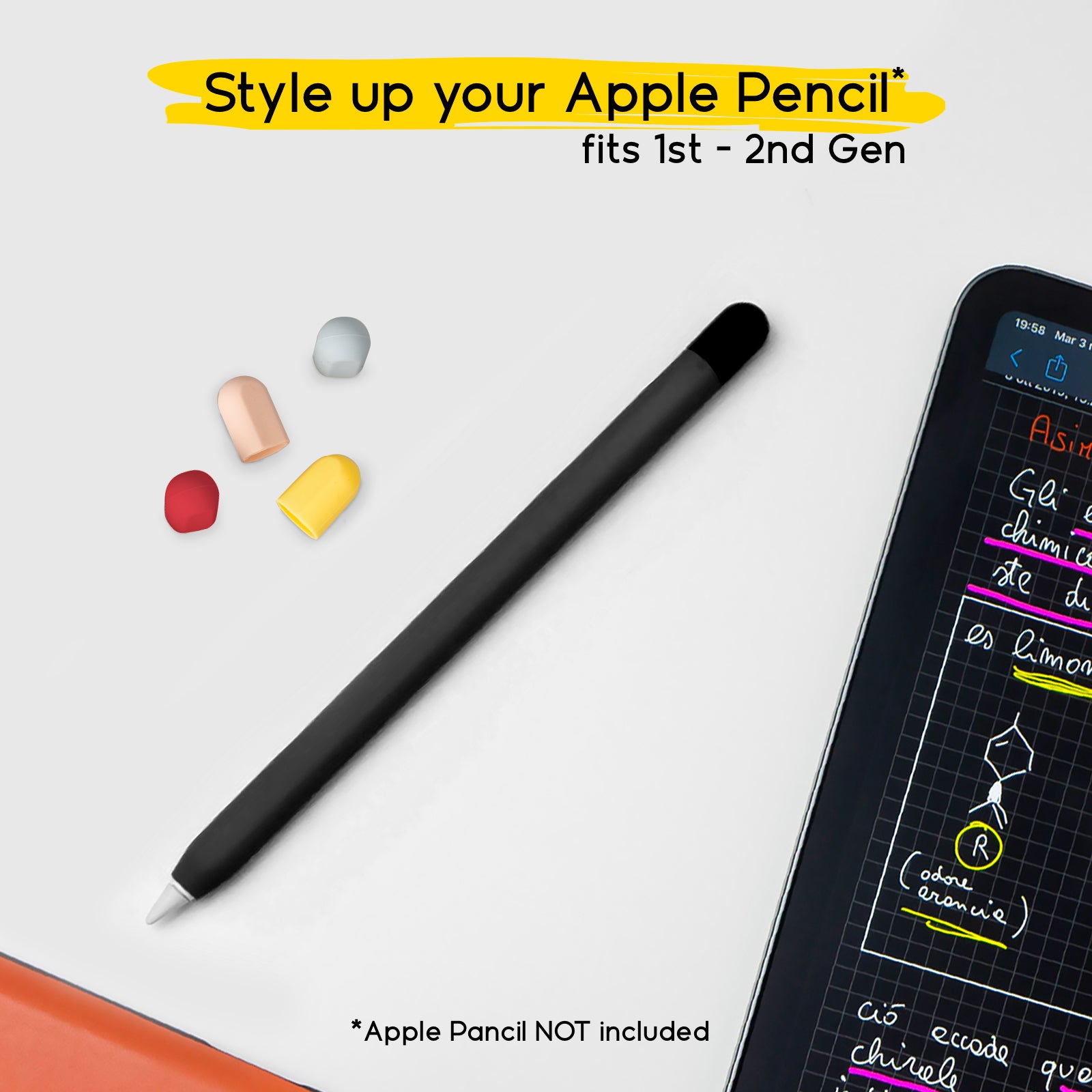 Funda piel negra para Apple Pencil 1ª y 2ª generación con 5 capuchones de colores