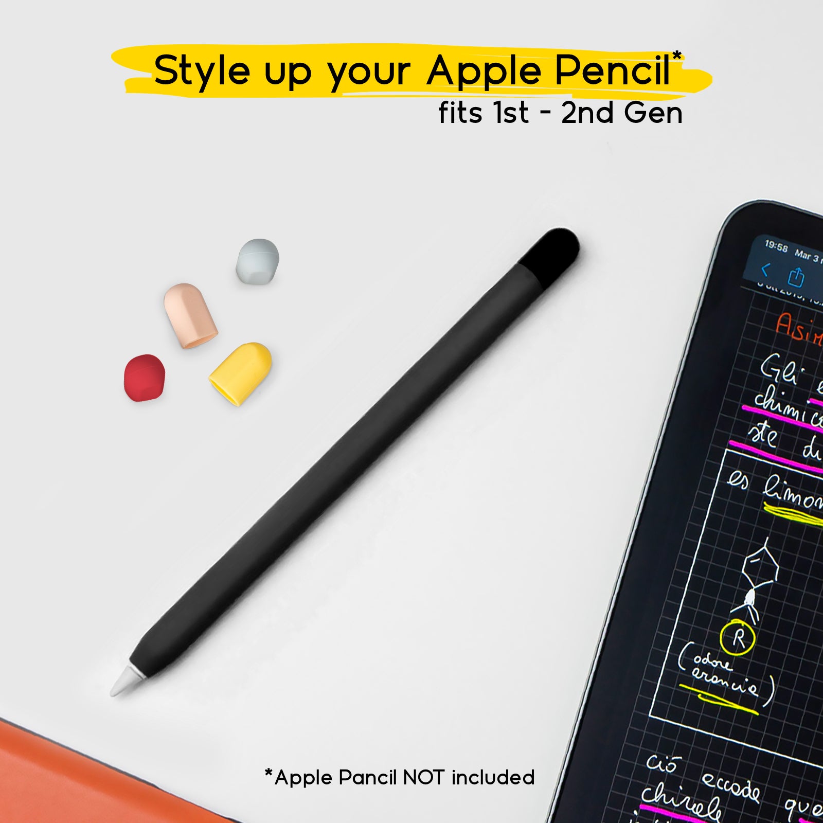 Black skin case for 1st and 2nd generation Apple Pencils with 5 colourful caps