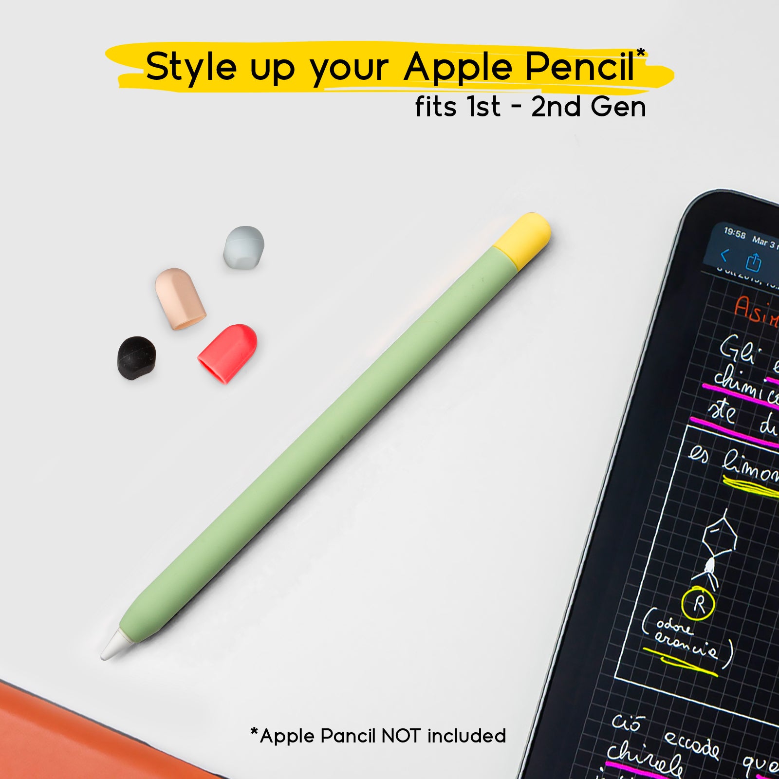 Green skin case for Apple Pencil Pro/1st Gen./2nd Gen. Apple Pencils with 5 colourful caps