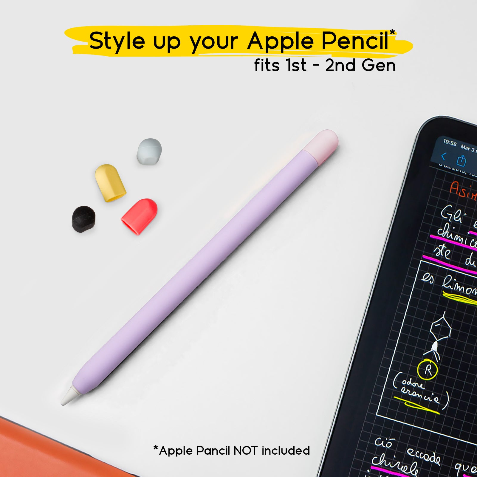 Lilac skin case for 1st and 2nd generation Apple Pencils with 5 colourful caps